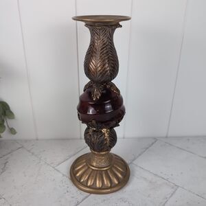 12” Gold Acanthus Leaf Candlestick Holder Red Ball - Hollywood Regency Decor